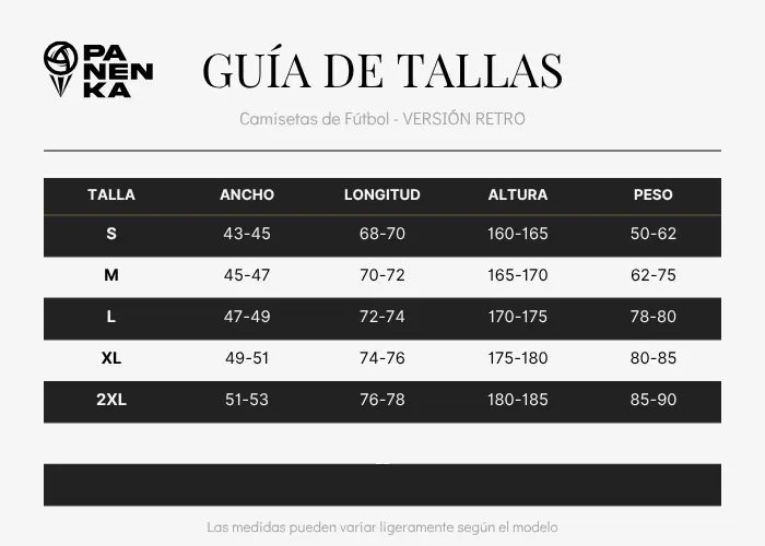 Guía de tallas VERSION RETRO