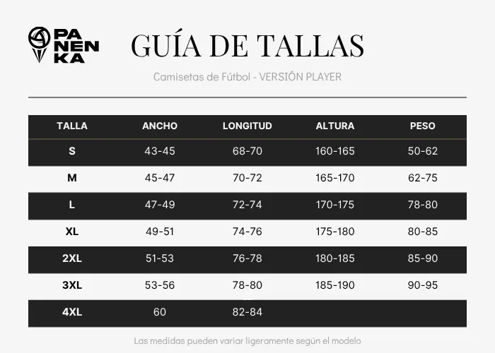 Guía de tallas VERSION PLAYER